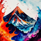 Colorful Watercolor Painting of Mount Fuji with Red, Blue, and White Ink