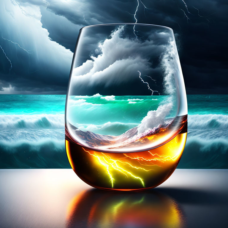 Photorealistic storm scene in whiskey tumbler with ocean waves and lightning.