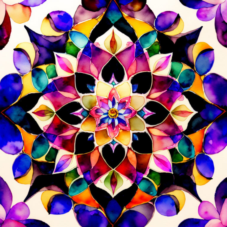 Colorful Symmetrical Floral Watercolor Mandala Art in Stained Glass Style