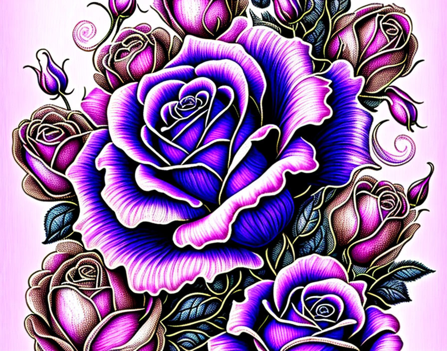 Colorful rose illustration with intricate leaf details on black background