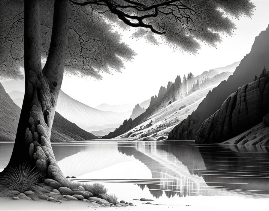 Monochrome landscape with serene lake, layered mountains, and intricate trees