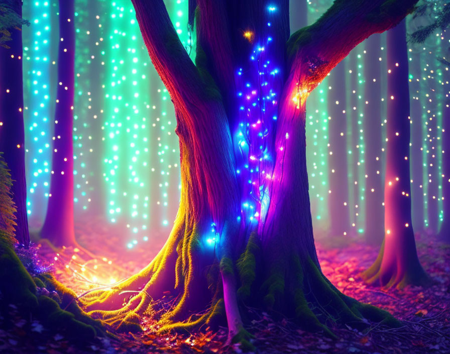 Enchanting twilight forest with blue and purple fairy lights on twisted tree trunk