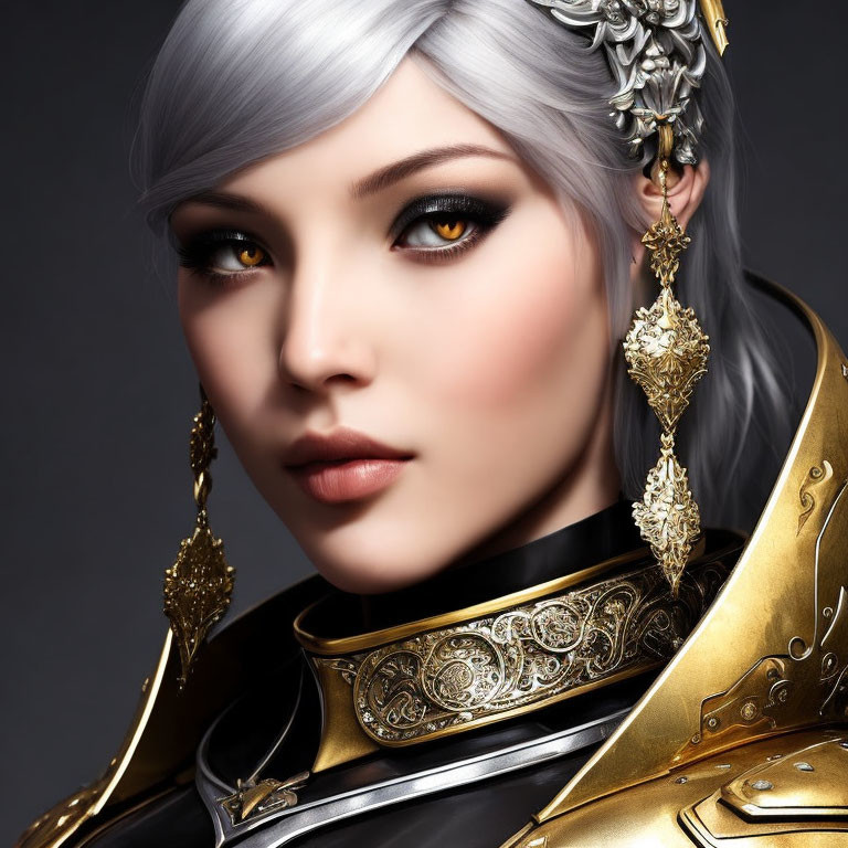 Fantasy warrior woman with silver hair and golden armor