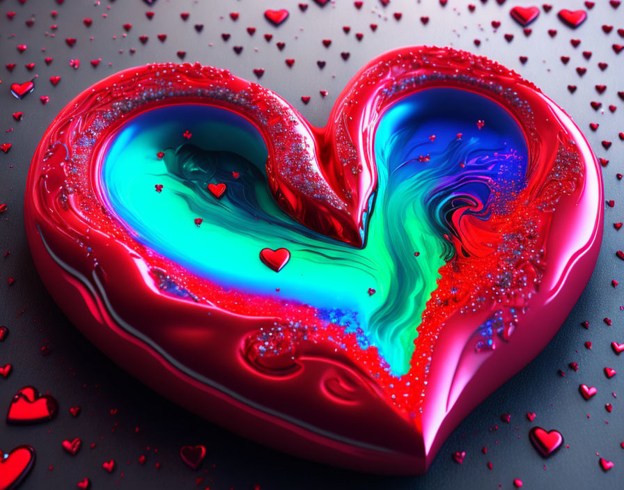 Colorful 3D heart with glossy red surface and blue-green swirls surrounded by small red hearts