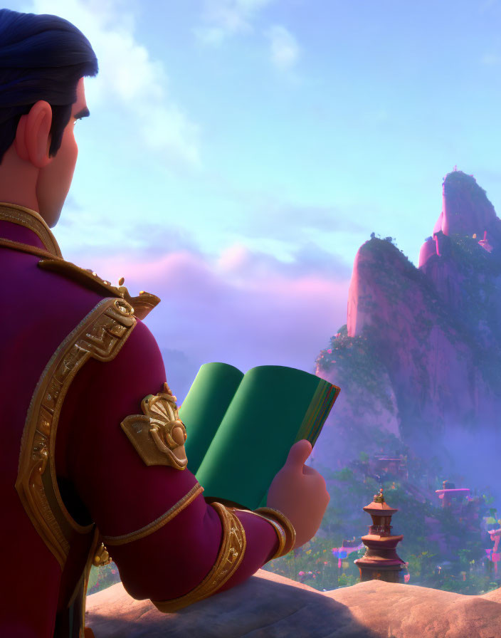 Male character in royal uniform with open book, mountains and pagoda at sunrise