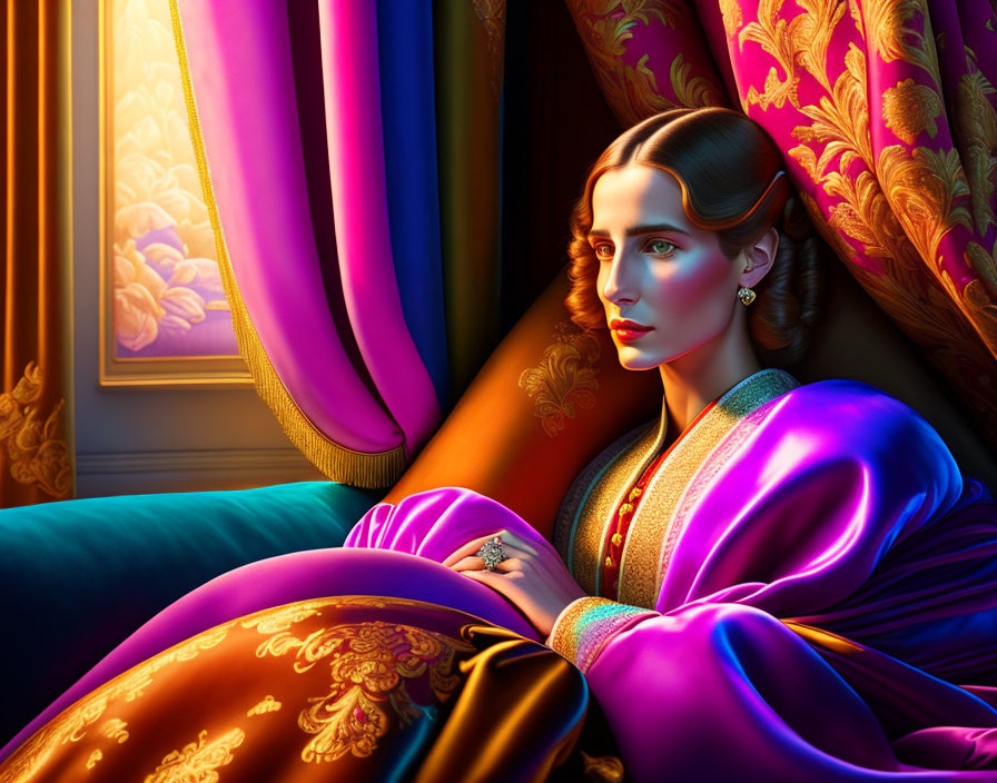 Woman in Vibrant Purple Dress Sitting by Luxurious Drapes and Sunlit Window