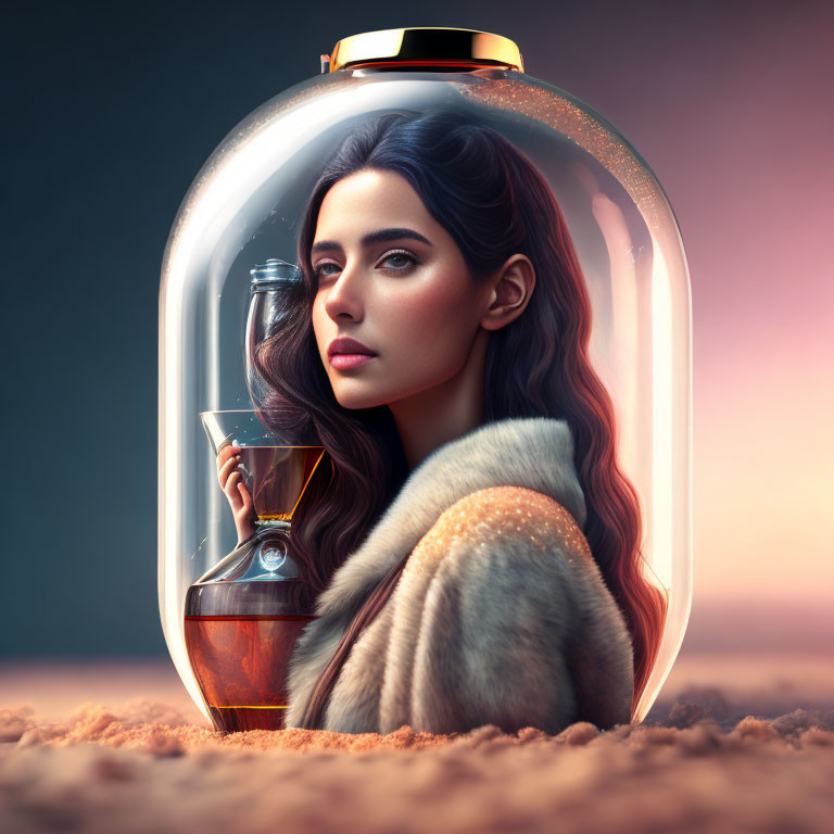 Woman in Transparent Perfume Bottle Holding Fragrance Bottle on Dusky Background