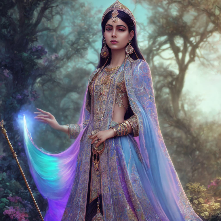 Regal woman in traditional attire with glowing magical element in misty forest