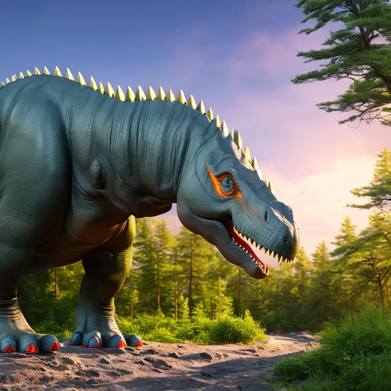 Realistic digital art: Large blue dinosaur with spiky back plates in forest scene