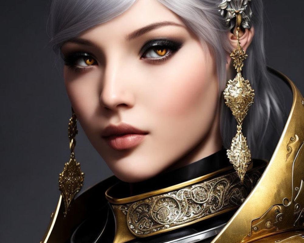 Fantasy warrior woman with silver hair and golden armor