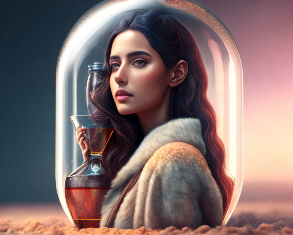 Woman in Transparent Perfume Bottle Holding Fragrance Bottle on Dusky Background