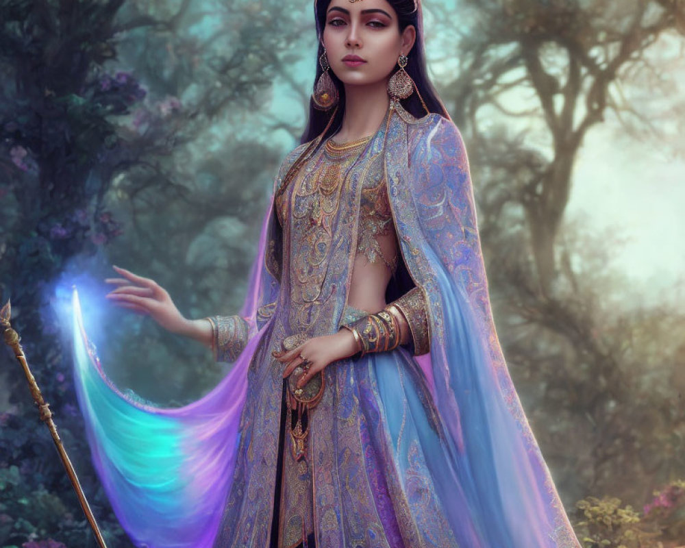 Regal woman in traditional attire with glowing magical element in misty forest