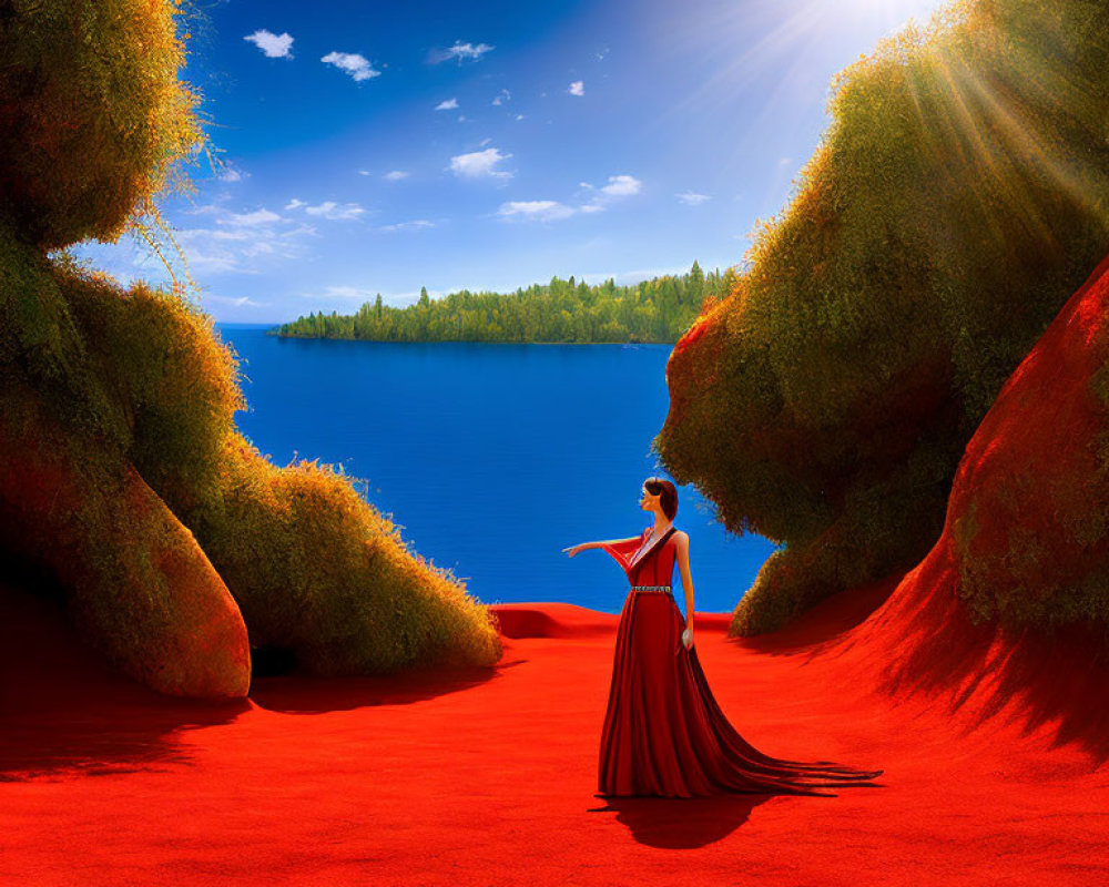 Woman in Red Gown on Vibrant Path Between Green Cliffs Overlooking Blue Lake