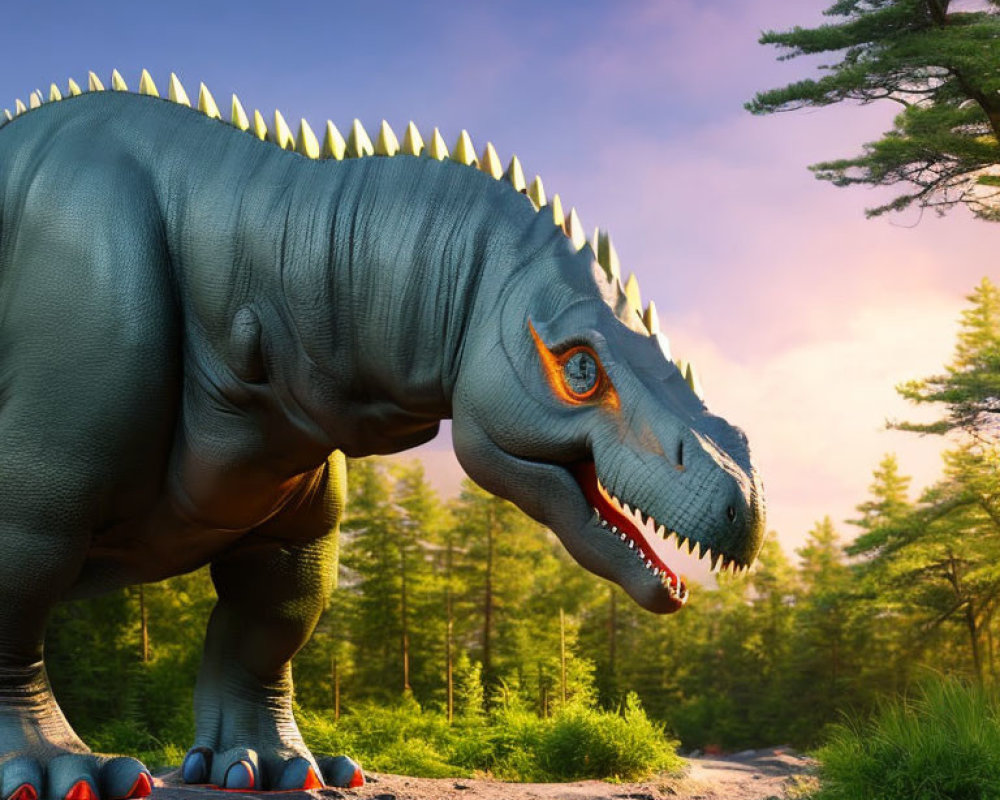 Realistic digital art: Large blue dinosaur with spiky back plates in forest scene