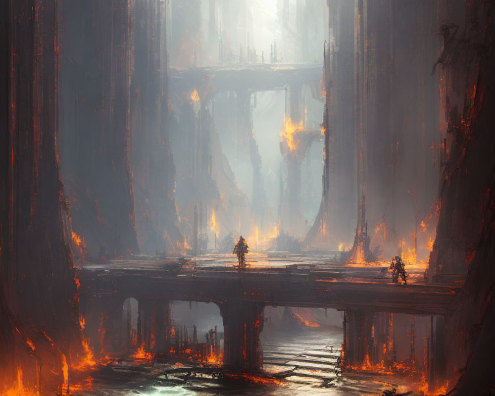 Fiery chasm with bridge, towering pillars, figures in armor, and molten lava.