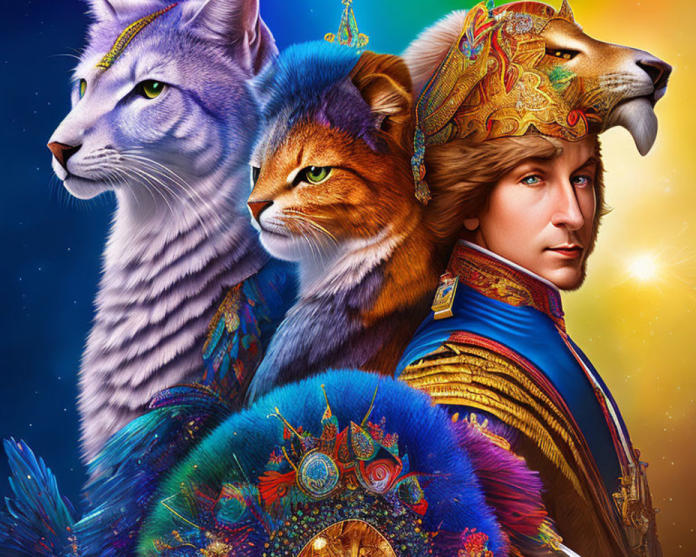 Digital Art: Man and Cats with Regal Accessories in Cosmic Setting