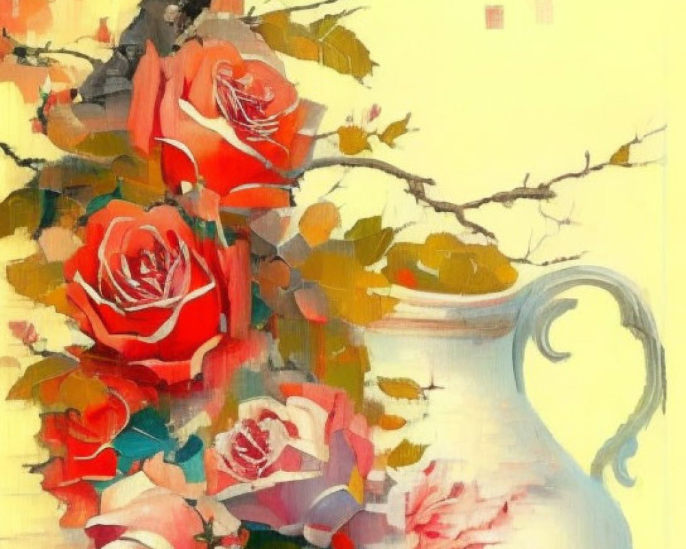 Asian-style painting of vibrant roses in a white vase with autumn leaves and calligraphy