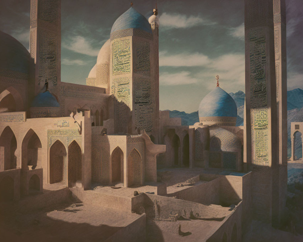 Detailed Middle Eastern townscape at dusk with domes, arches, and Arabic calligraphy.