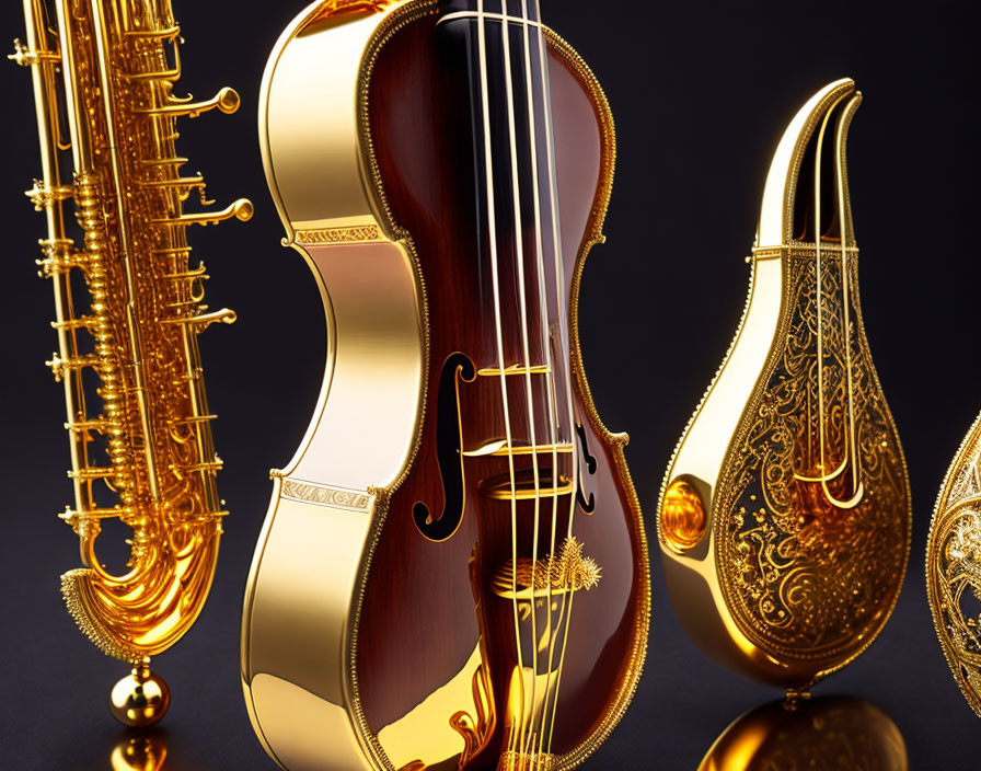 Intricately designed golden saxophone, violin, and lute on black background