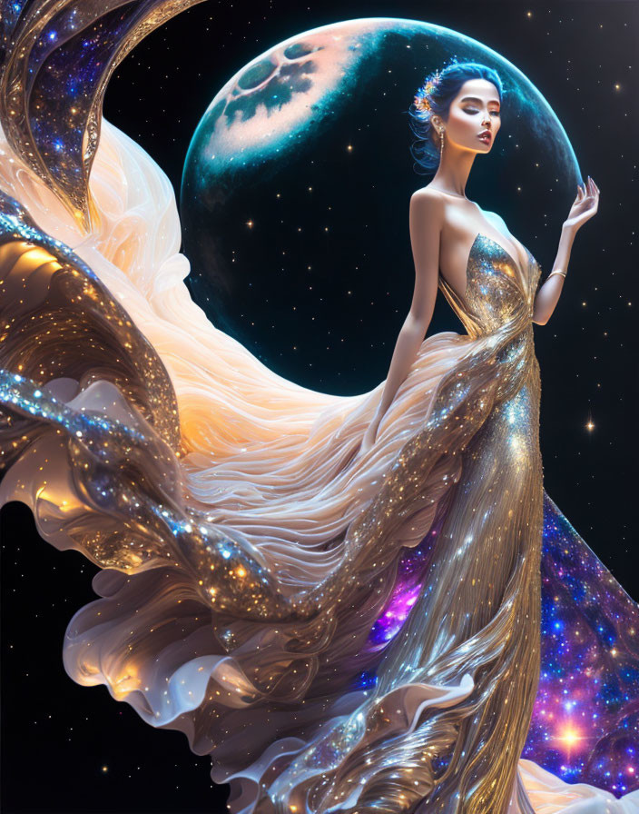 Ethereal woman in golden gown under cosmic moonlit sky