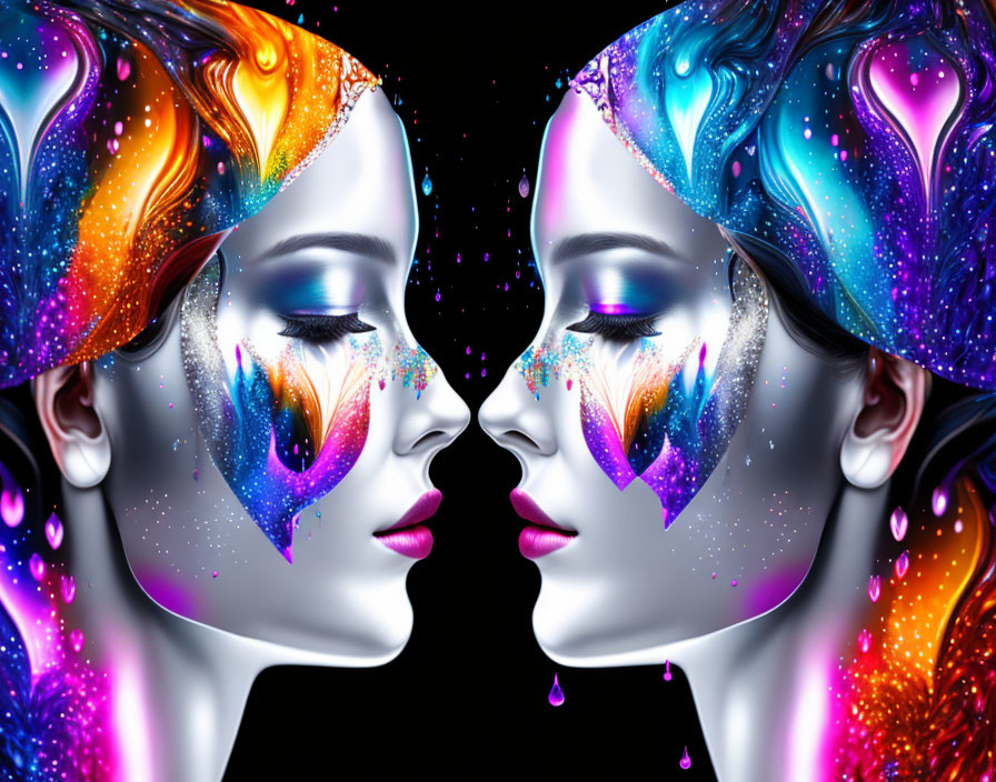 Symmetrical digital art of two female faces with cosmic makeup and suspended liquid droplets.