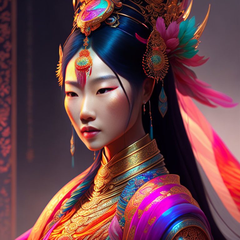 Colorful digital artwork of woman in elaborate traditional Asian attire