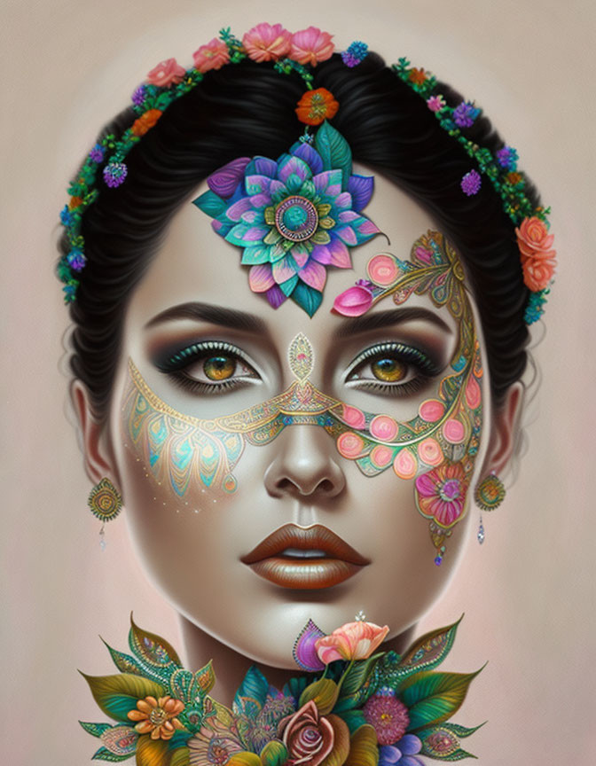 Detailed floral makeup and crown illustration with vibrant flowers and intricate patterns