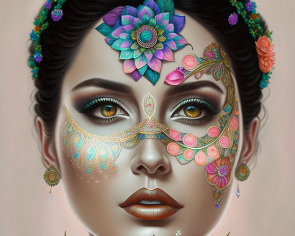 Detailed floral makeup and crown illustration with vibrant flowers and intricate patterns