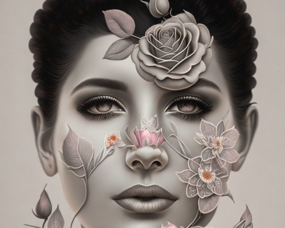 Monochrome portrait of woman's face with floral elements