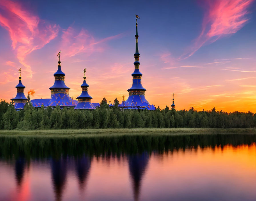 Vibrant sunset with pink and orange clouds over blue-domed building and tranquil lake.