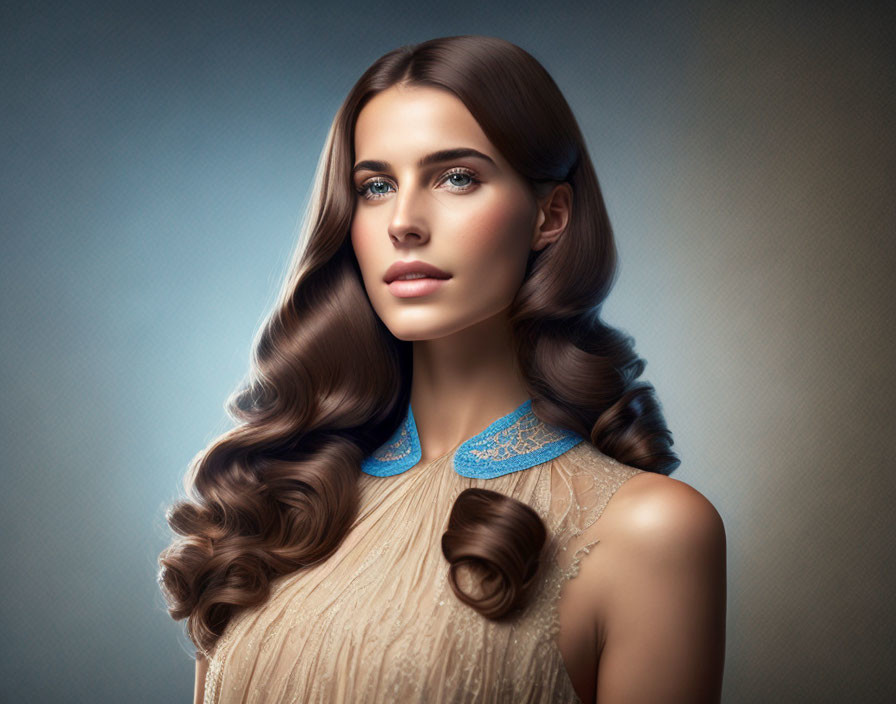 Brunette woman in beige dress with blue collar on soft blue background