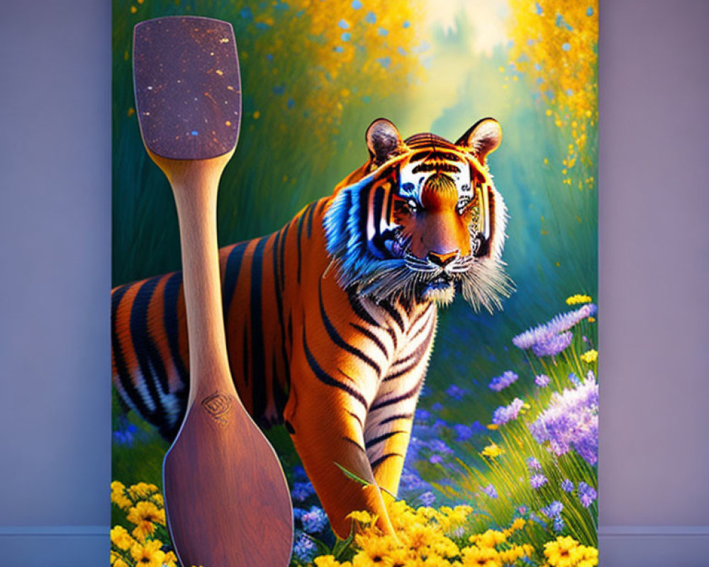 Colorful Tiger Painting Among Yellow Flowers with Wooden Paddle