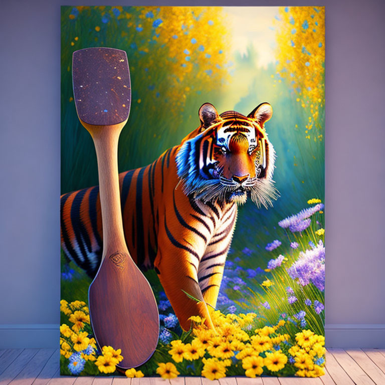 Colorful Tiger Painting Among Yellow Flowers with Wooden Paddle