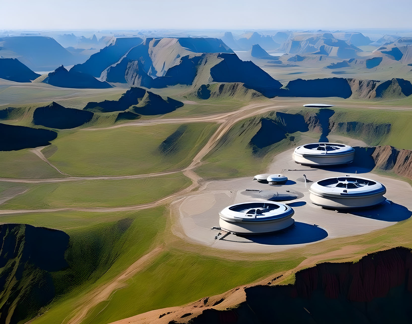 Futuristic domed structures in desert valley with plateaus & sparse vegetation