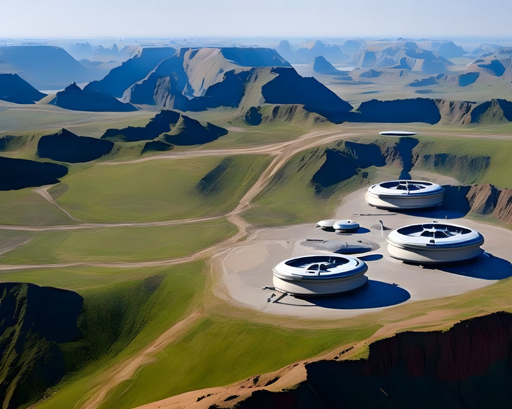 Futuristic domed structures in desert valley with plateaus & sparse vegetation