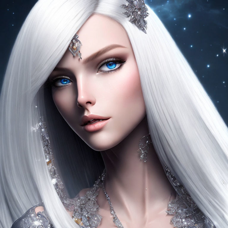 Digital illustration of woman with blue eyes, white hair, silver jewelry, starry backdrop