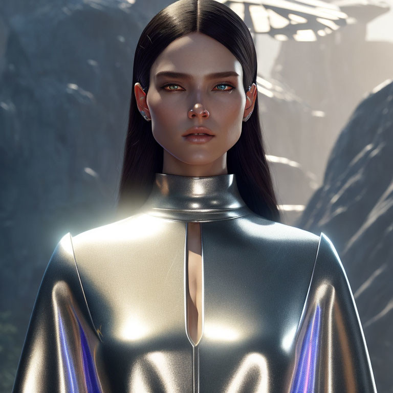 Futuristic 3D-rendered female with silver outfit and luminescent accents