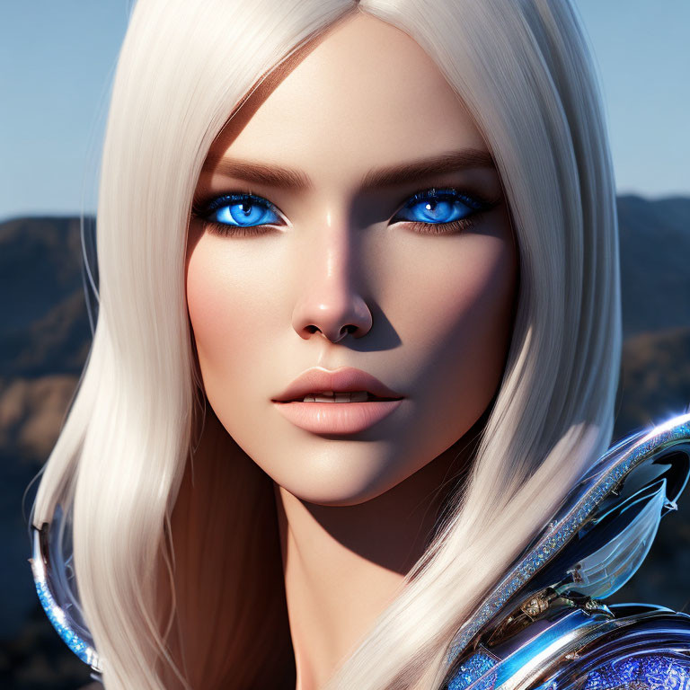 Striking blue eyes and platinum blonde hair in futuristic armor against mountainous backdrop