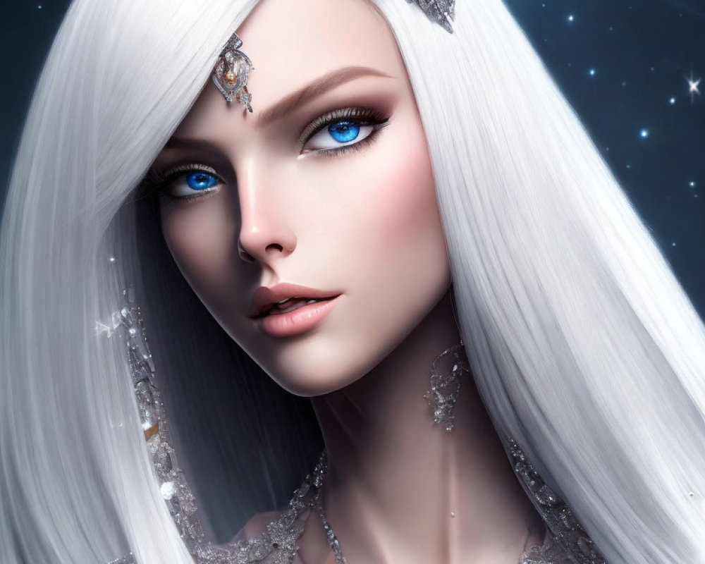 Digital illustration of woman with blue eyes, white hair, silver jewelry, starry backdrop