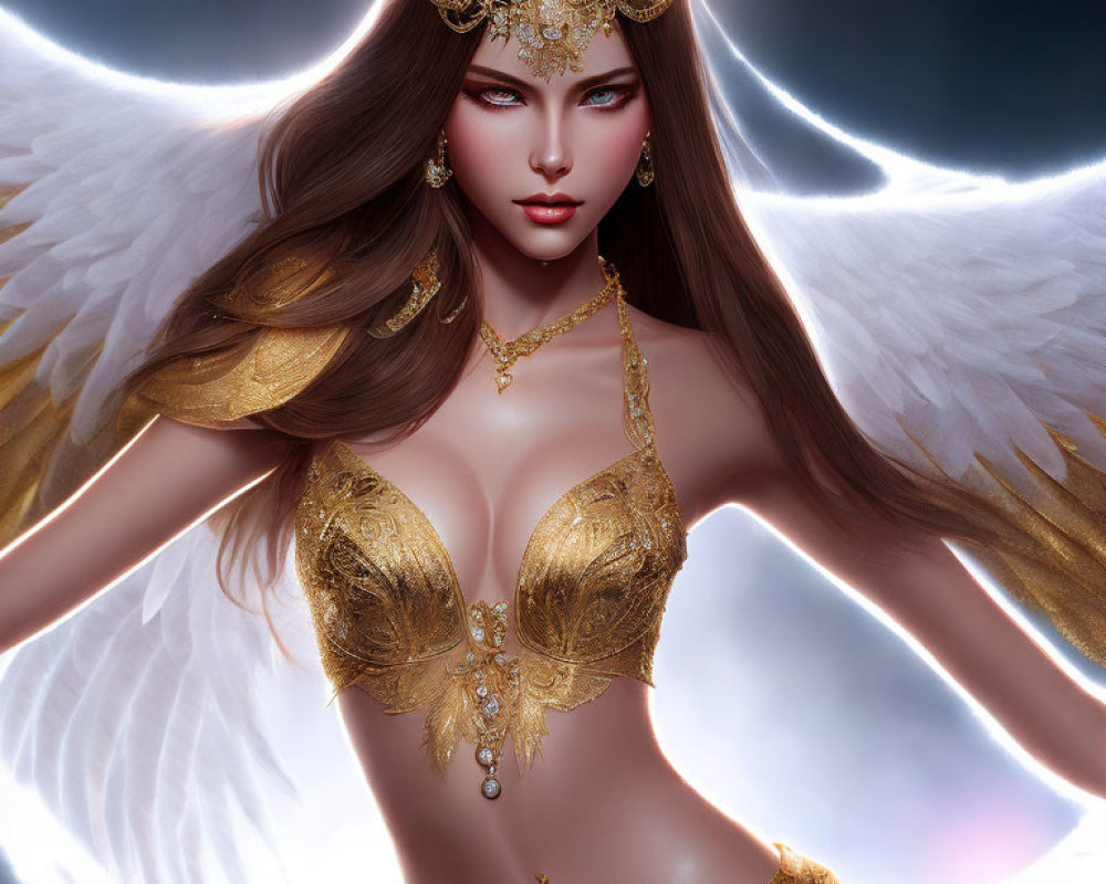 Digital artwork: Mythical woman with white angel wings and gold jewelry in mystical setting