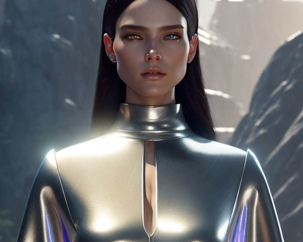 Futuristic 3D-rendered female with silver outfit and luminescent accents