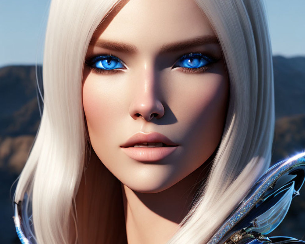 Striking blue eyes and platinum blonde hair in futuristic armor against mountainous backdrop