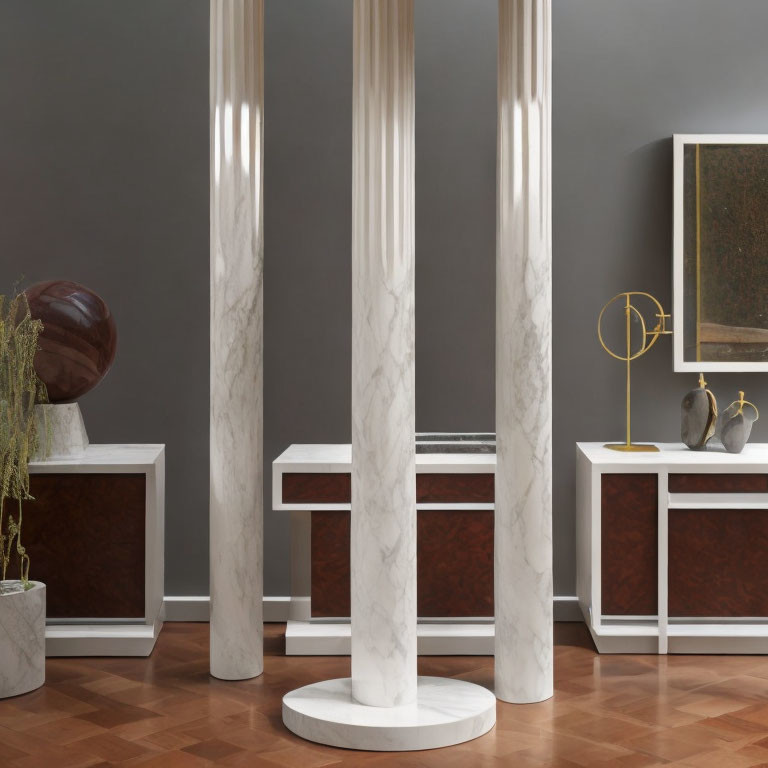 Luxurious Interior with Marble Columns and Dark Wooden Furniture