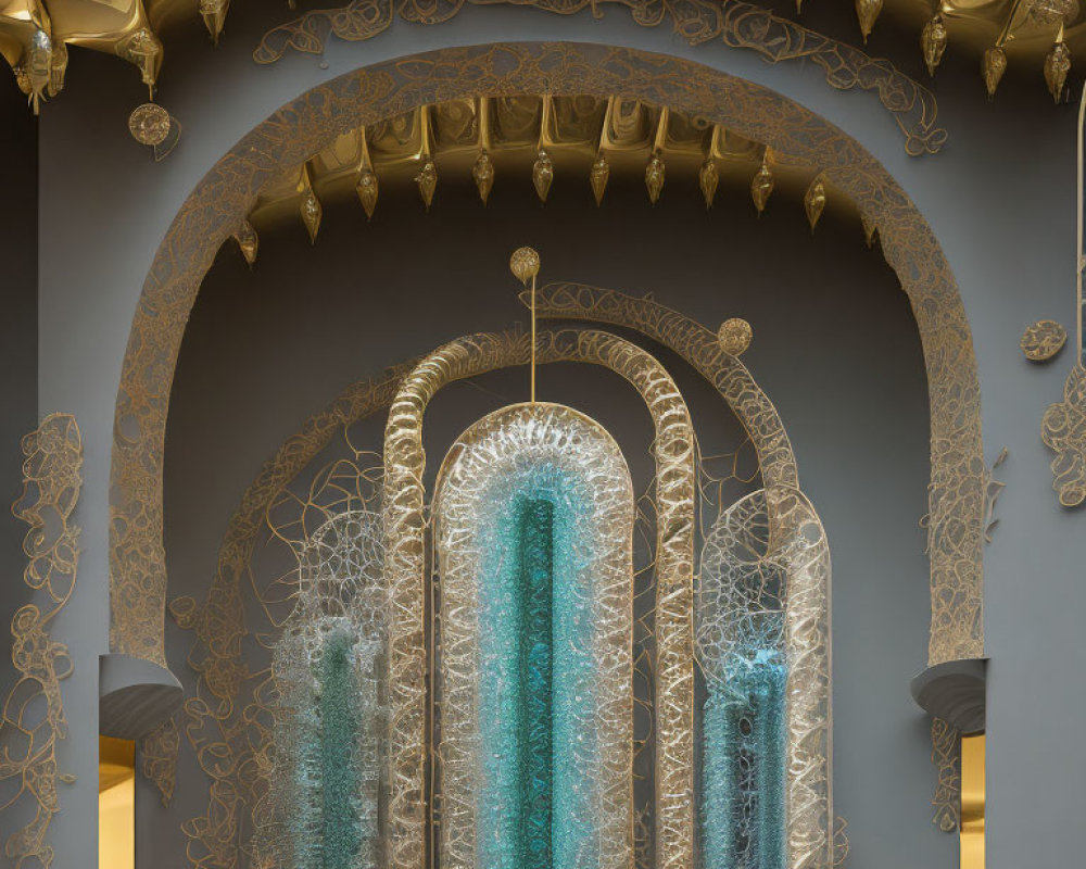 Intricate Golden Designs on Arched Entrance with Blue Art Installation