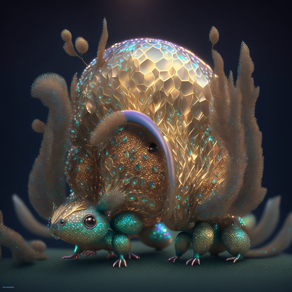 Shiny hexagonal shell creature with squirrel-like tail in dark setting