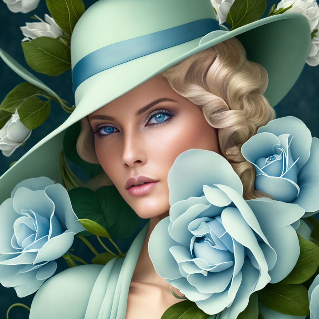 Woman with Blue Eyes in Blue Hat Surrounded by Stylish Blue Flowers