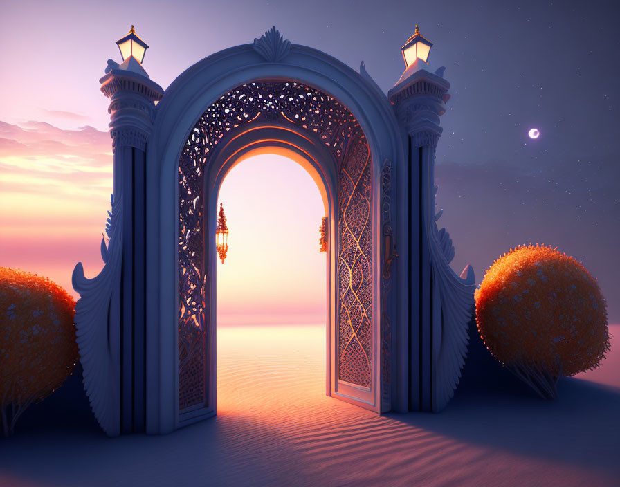 Ornate Archway Frames Tranquil Sunset Overlooking Calm Sea