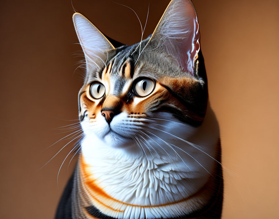 Orange and Black Striped Domestic Cat with Amber Eyes on Tan Background