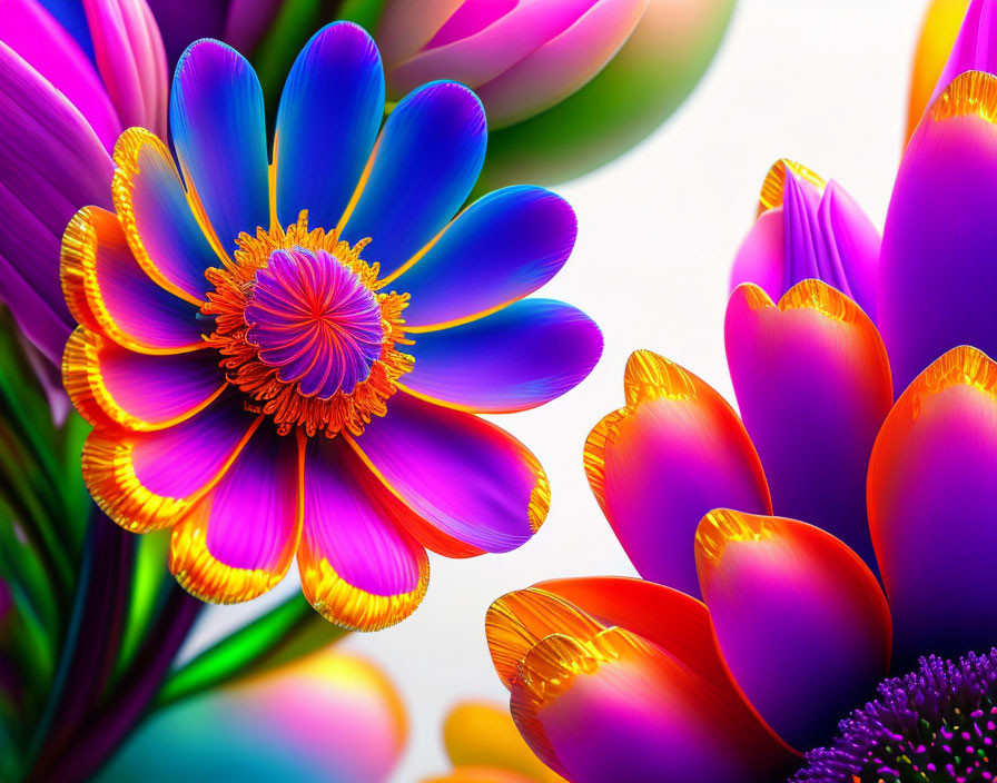 Digitally-enhanced flowers with luminescent edges in blue, purple, and pink on white background