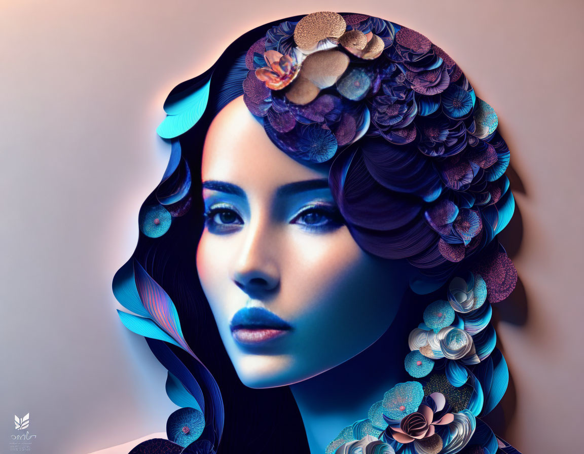 Blue-skinned woman with floral hair in serene digital art